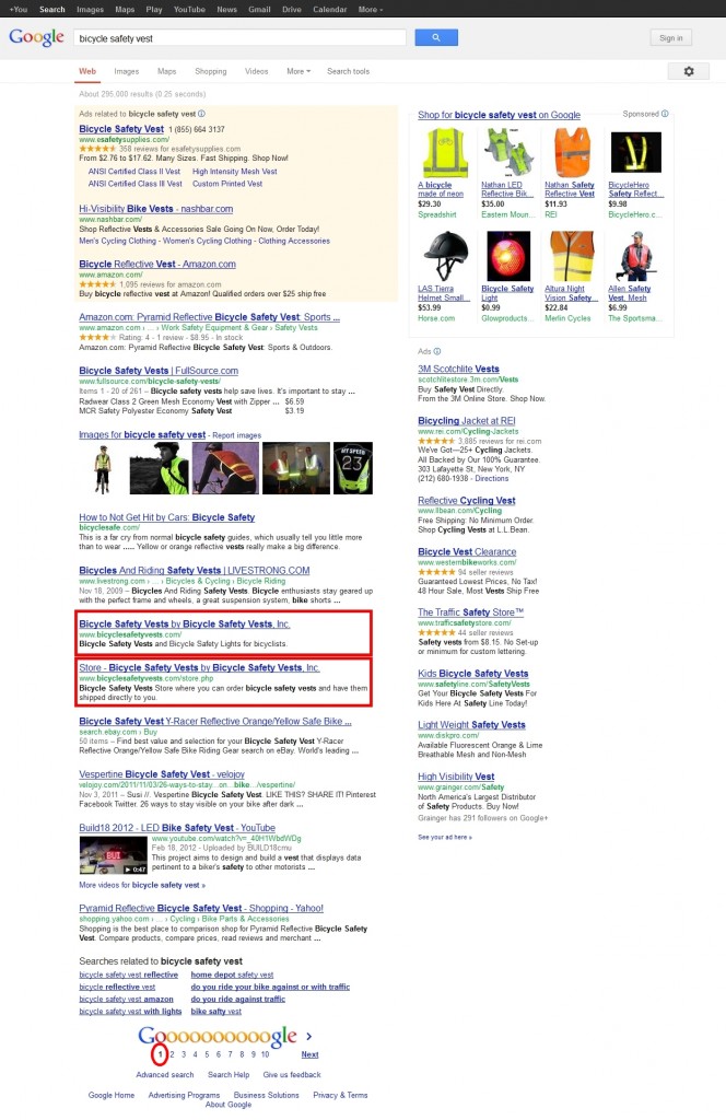 SEO - Search Engine Optimization result; page 1, ranks 5 and 6!