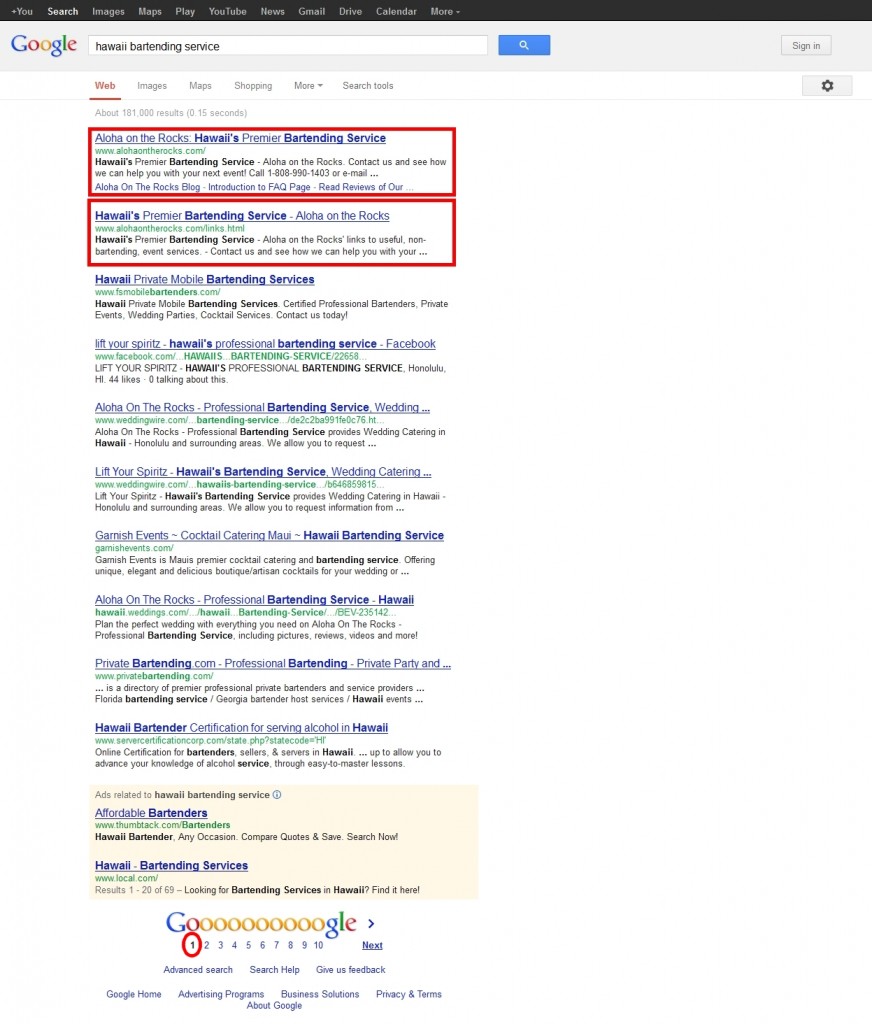 SEO - Search Engine Optimization result; page 1, ranks 1 and 2!