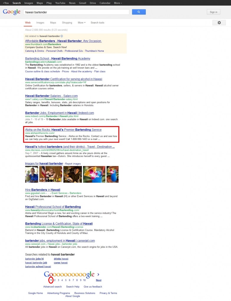 SEO - Search Engine Optimization result; page 1, rank 5!