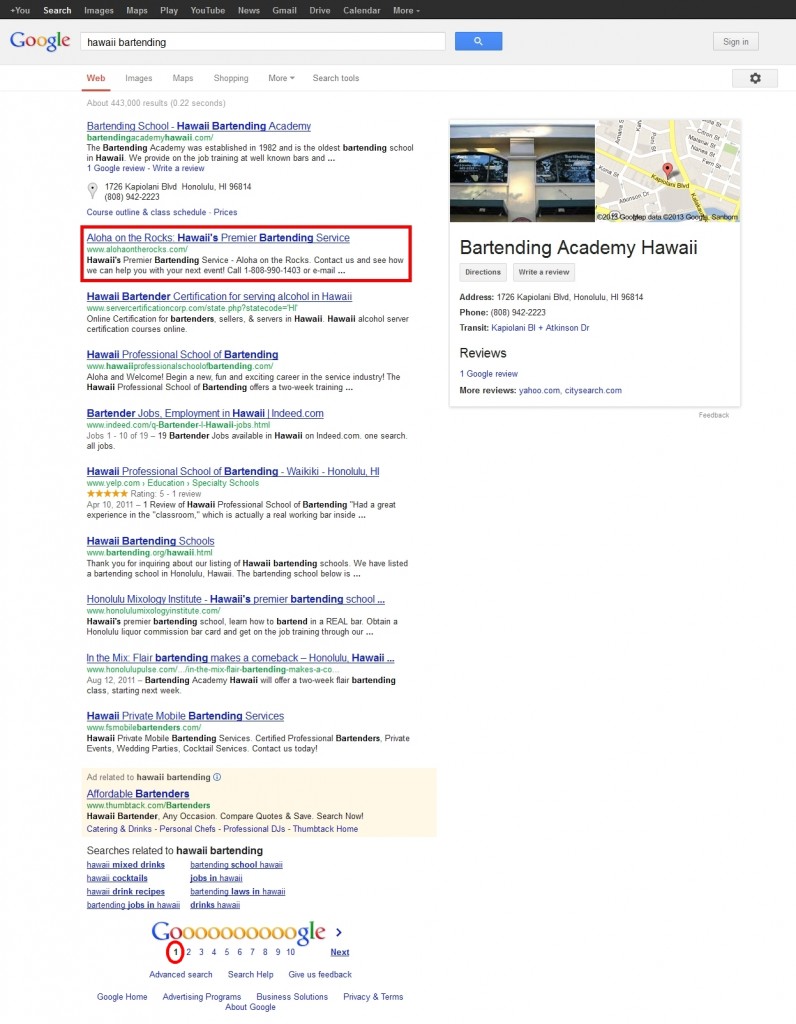 SEO - Search Engine Optimization result; page 1, rank 2!